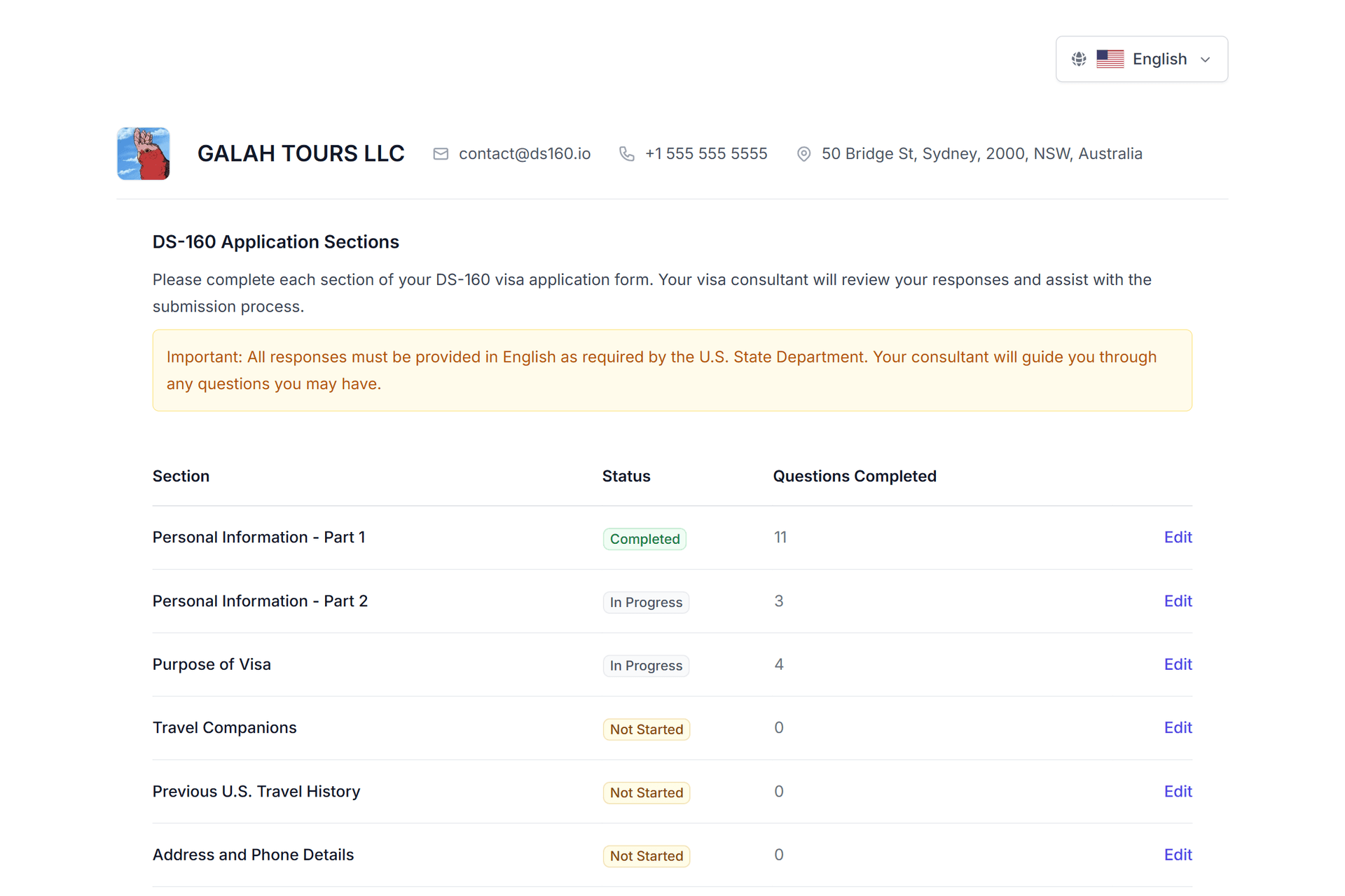 Client intake form in English